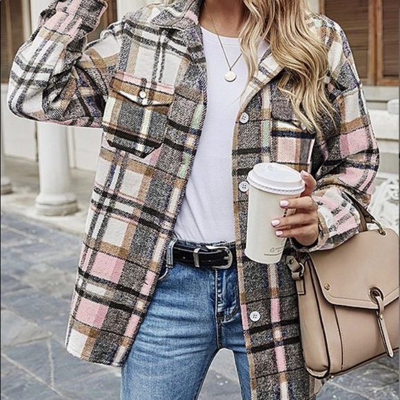 La Mode Jackets & Blazers - La Mode Pink & Purple Plaid Shacket